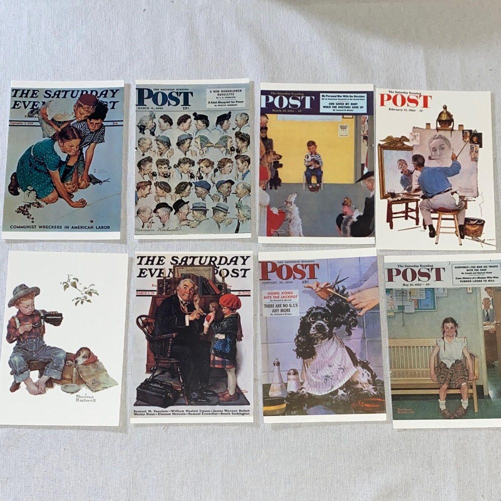 8 postcards with iconic Norman Rockwell Saturday Evening Post covers